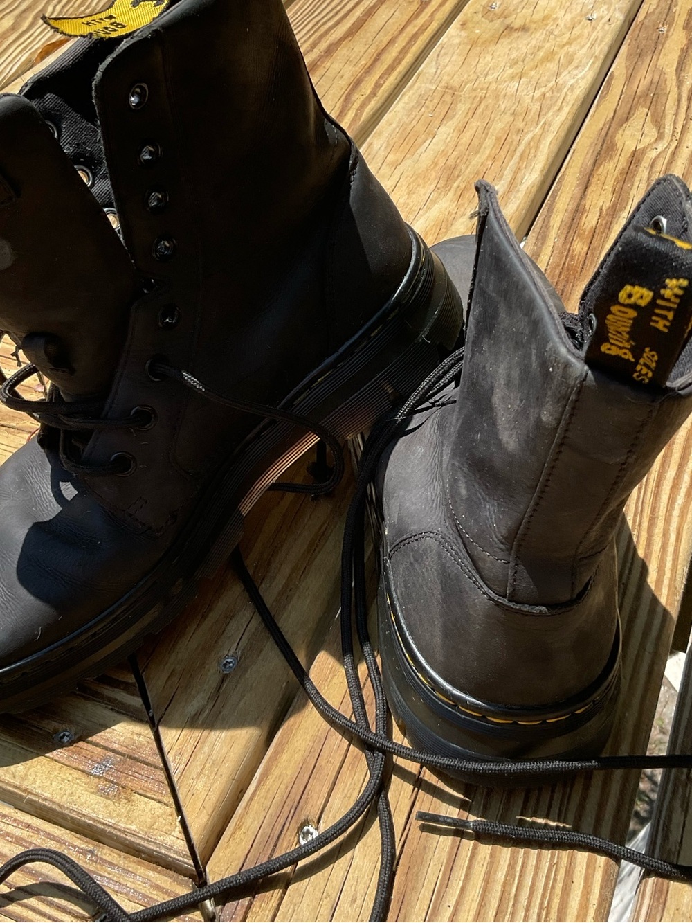 Dr. Martens Black Leather Lace-Up Combat Boots with Yellow Stitching